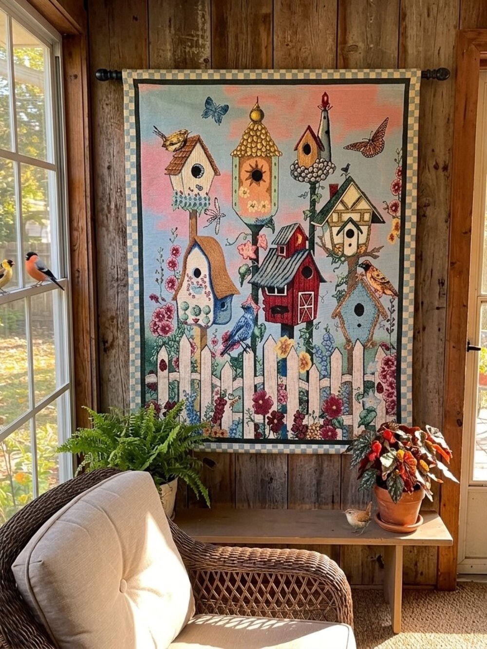 Vintage Birdhouse Woven Wall Tapestry Hanging Pole Included cottagecore 33" tall
